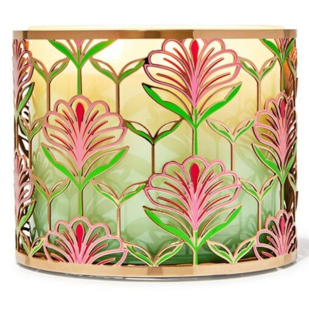 Bath & Body Works Pink Lotus Flower & Green Leaf Metal 3 Wick Candle Holder NEW - Picture 1 of 9
